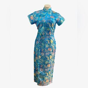 Elegant Blue Floral Floor-Length Asian Inspired Dress – Size L